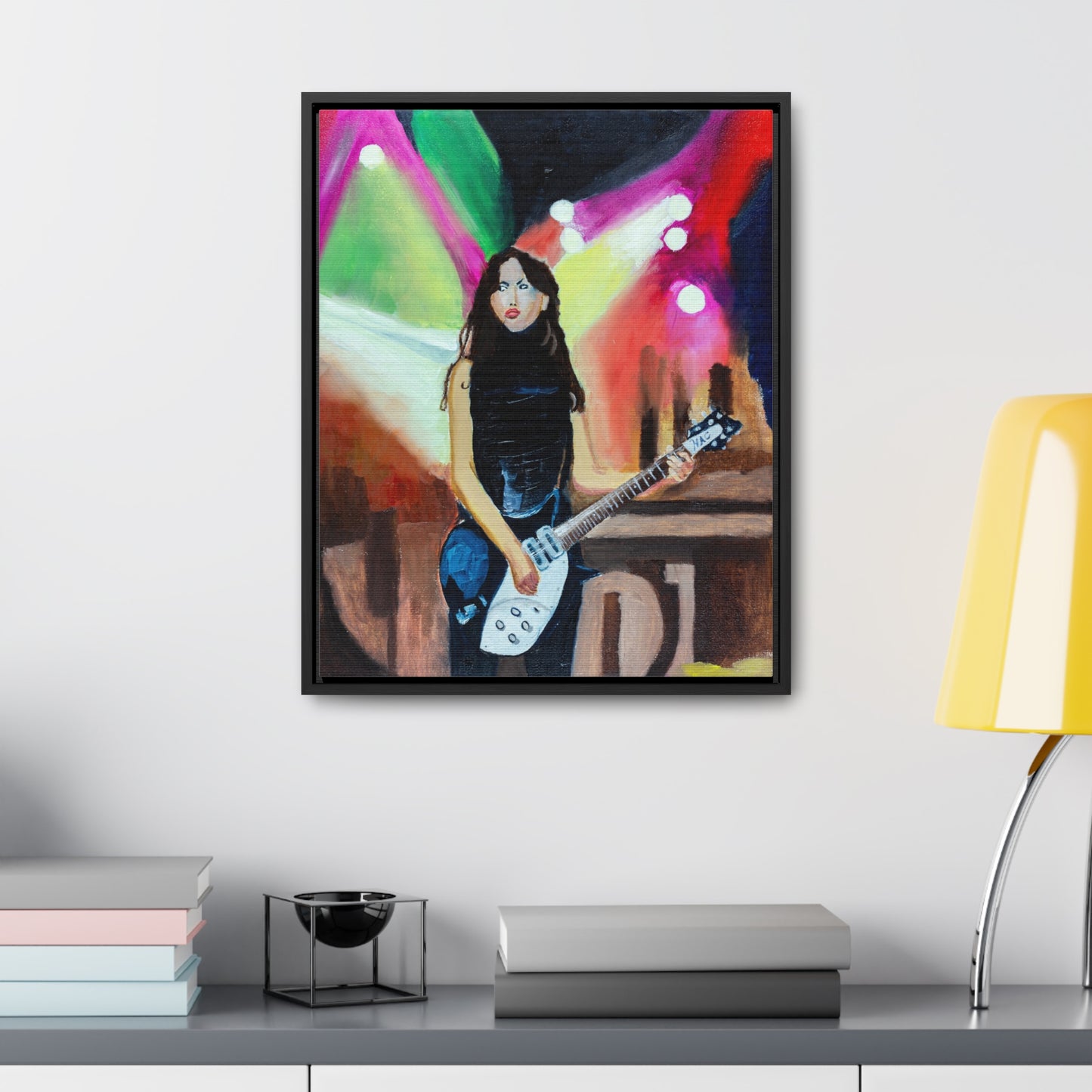 "Showtime" Woman Playing Electric Guitar Gallery Canvas Wraps, Vertical Frame