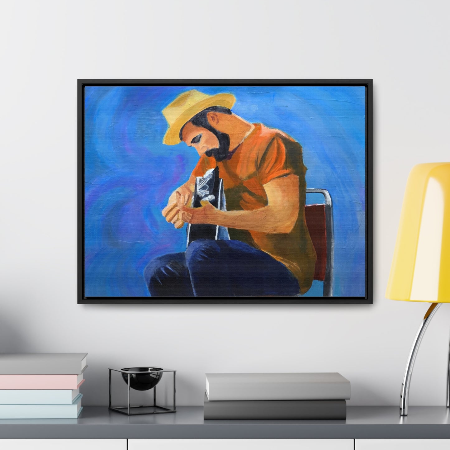 Man in t-shirt playing guitar  Gallery Canvas Wraps, Horizontal Frame