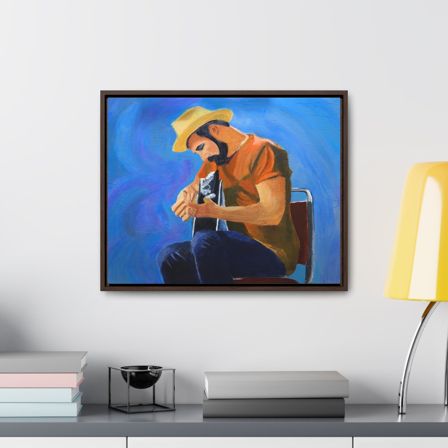 Man in t-shirt playing guitar  Gallery Canvas Wraps, Horizontal Frame