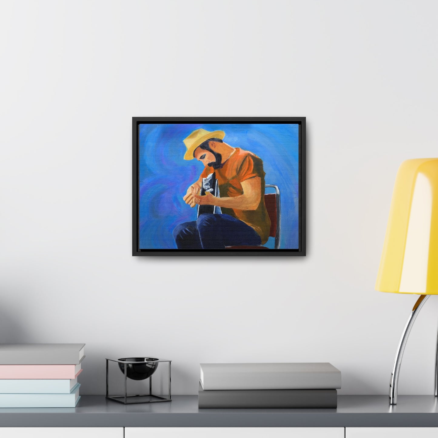 Man in t-shirt playing guitar  Gallery Canvas Wraps, Horizontal Frame